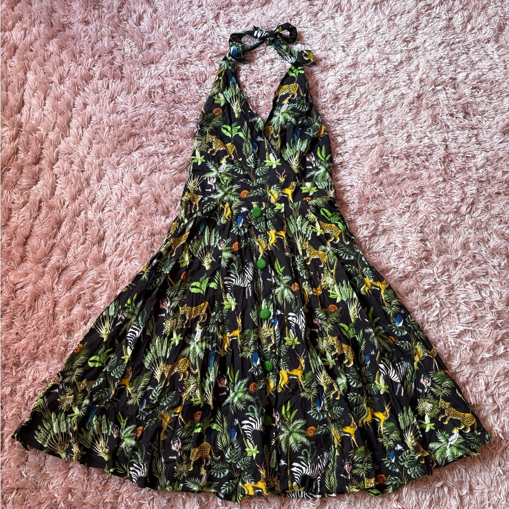 Unique Vintage Tropical Jungle Print Halter Dress - Picture 5 of 8